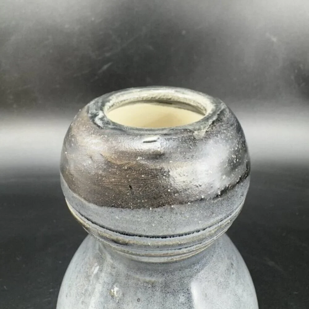 Primitive Style Art Pottery Bud Vase Round Bottom‎ Gray Black Lines Glaze Vase